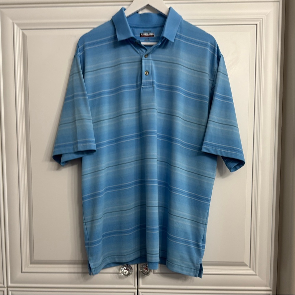 Men’s XL Blue with Fine White + Navy Stripes Short Sleeve Performance Polo Shirt